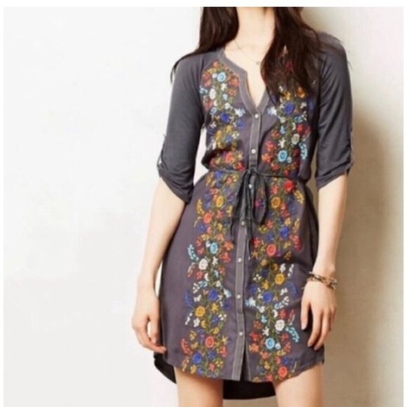 Anthropologie Tiny WOmen's Grey Emroidered Button Front Dress - Small - Picture 1 of 16